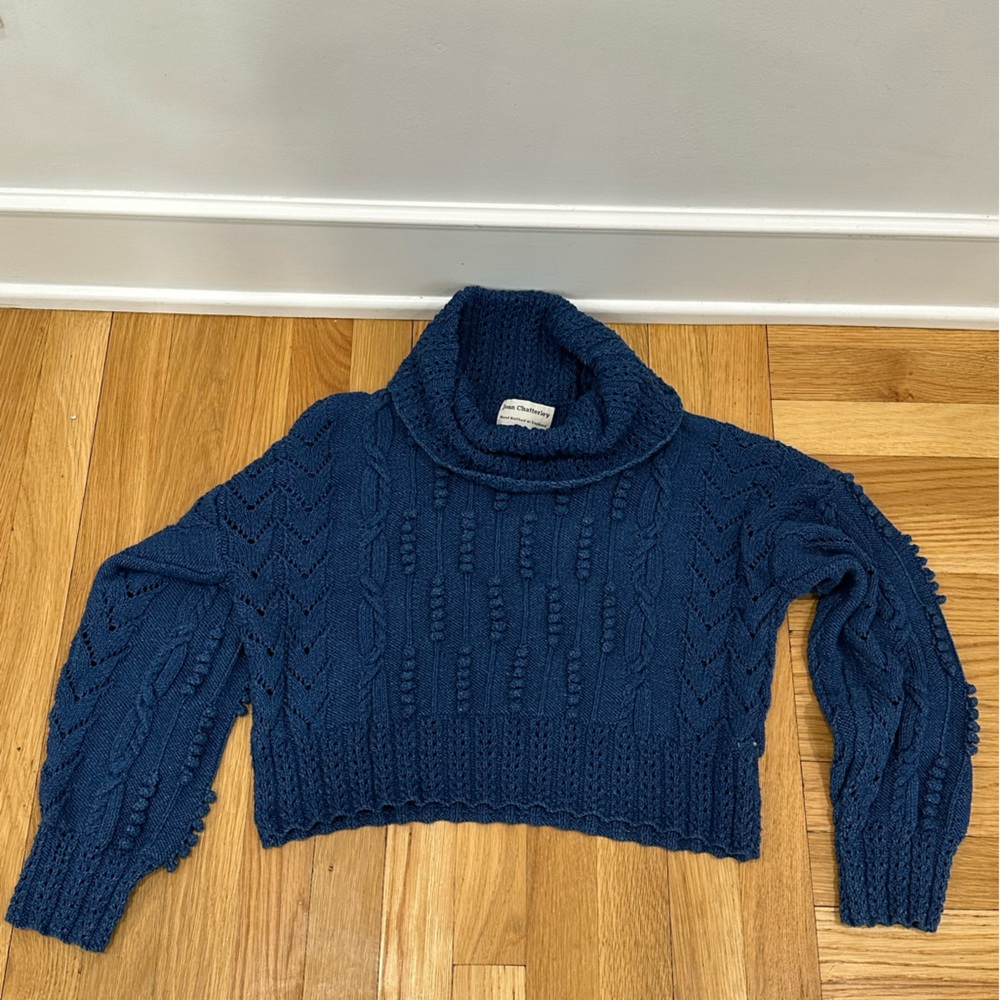 Indigo Blue Cable Cotton Handknit Cropped Turtleneck Sweater